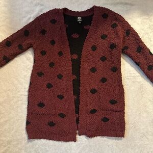 Bobeau cardigan women’s medium wine red/purple and black polka dot